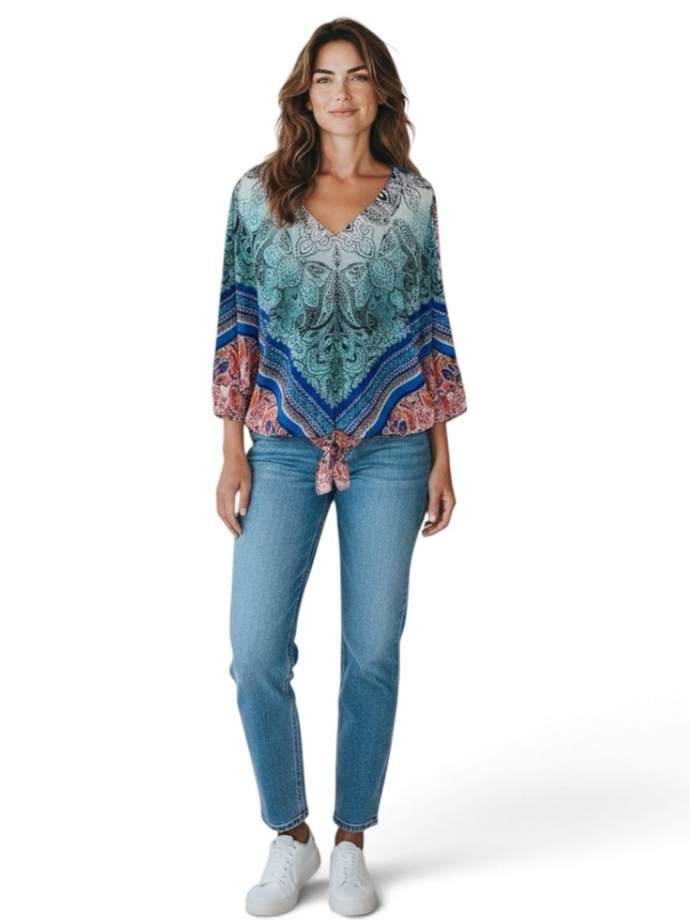 Boho Tie-Hem V-Neck Blouse Top Blue Multi Coco Bianco Dolman Sleeve Size Small